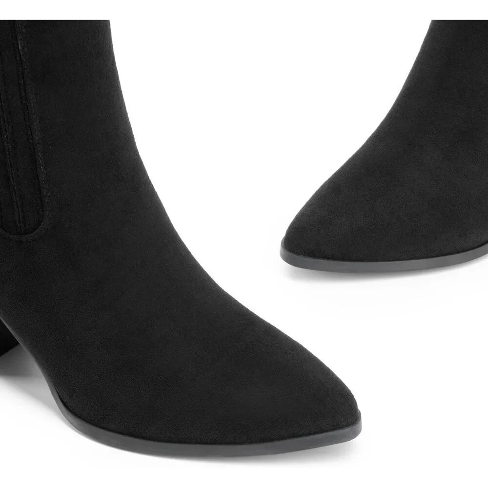 Women's Black-suede Pointed Toe Ankle Boots Chunky Block Heel Bootie Fall
